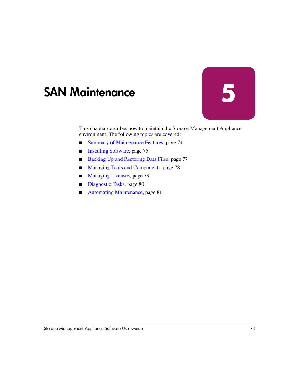 5 san maintenance, Chapter 5, San maintenance | HP OpenView Storage Management Appliance and Software User Manual | Page 89 / 132