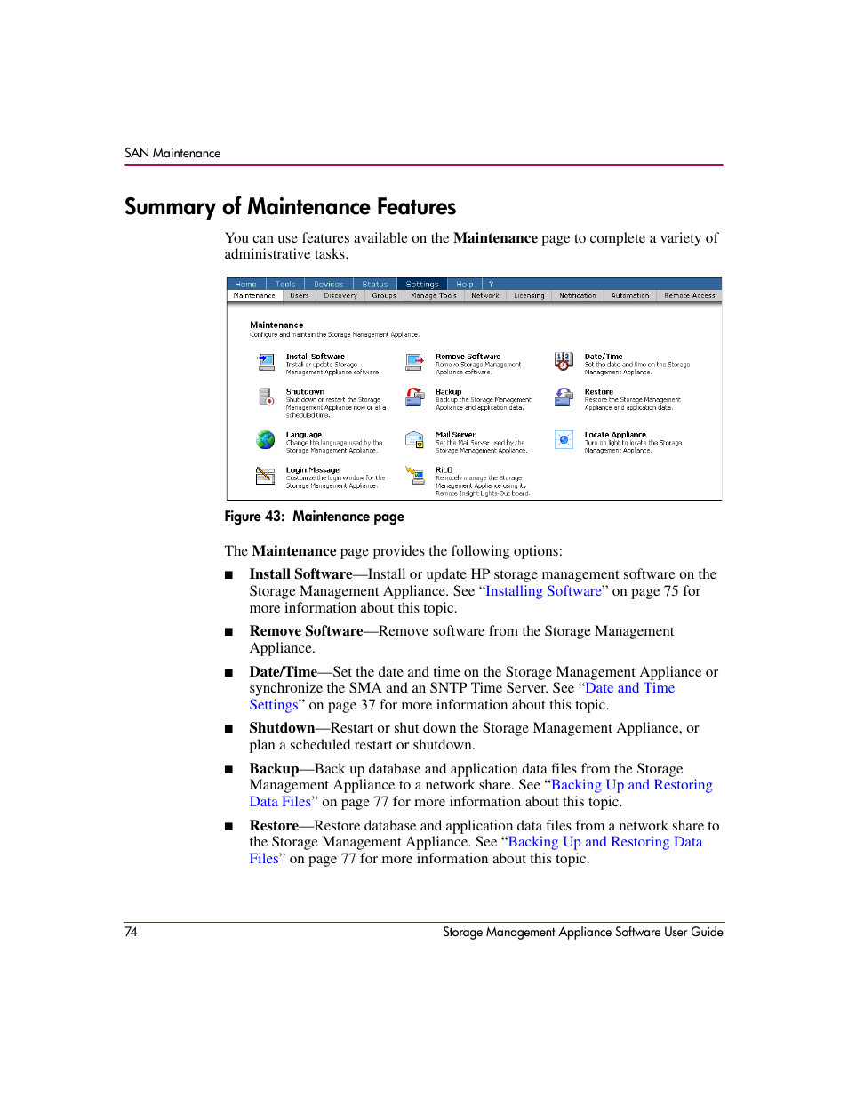 Summary of maintenance features, Figure 43 | HP OpenView Storage Management Appliance and Software User Manual | Page 90 / 132