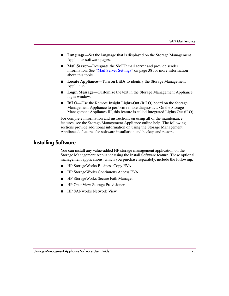 Installing software, Installing, Software | HP OpenView Storage Management Appliance and Software User Manual | Page 91 / 132