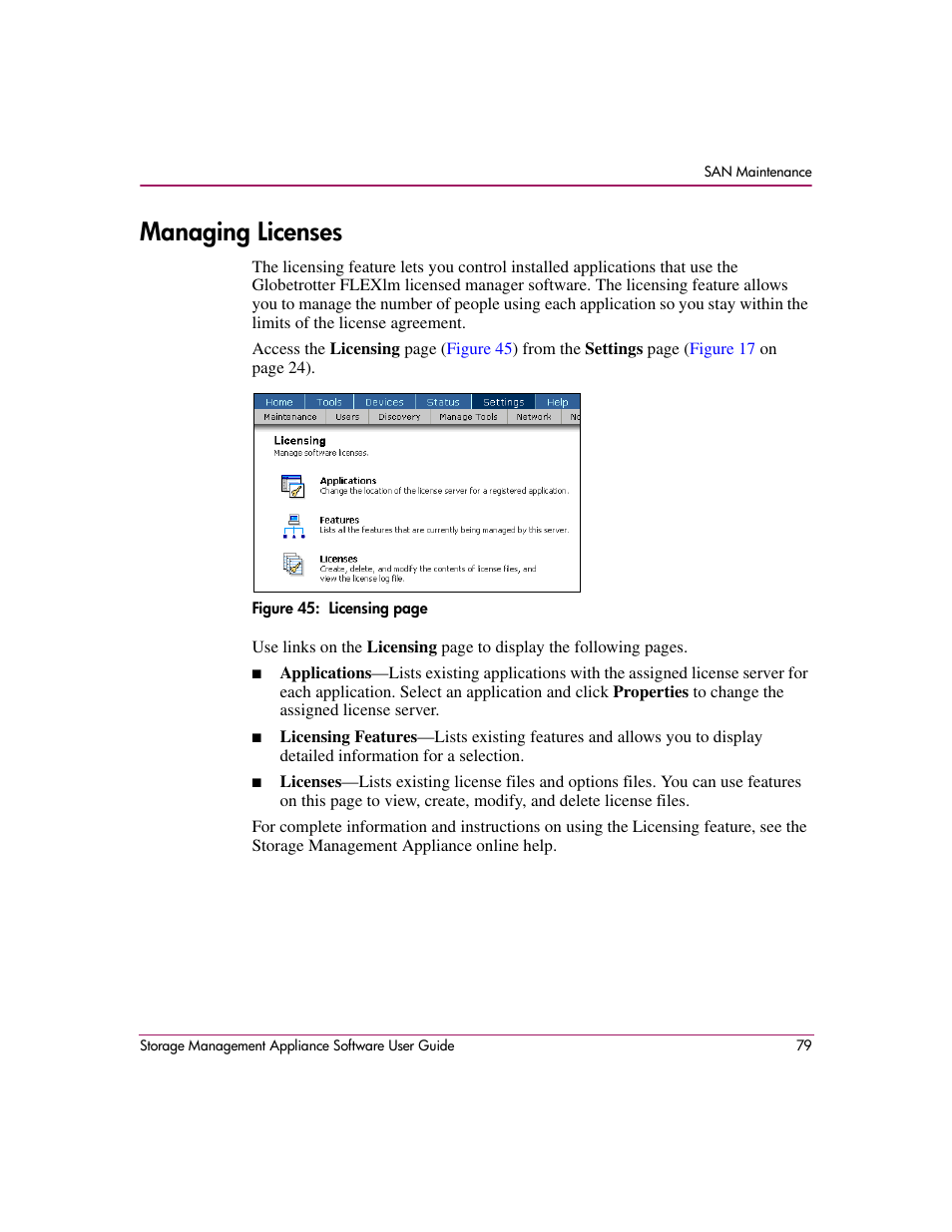 Managing licenses | HP OpenView Storage Management Appliance and Software User Manual | Page 95 / 132