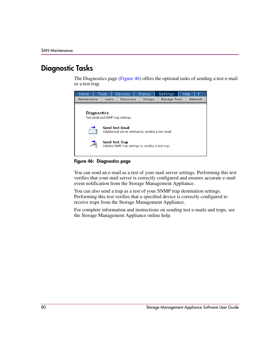 Diagnostic tasks, Ap settings. see, Er settings. see | HP OpenView Storage Management Appliance and Software User Manual | Page 96 / 132