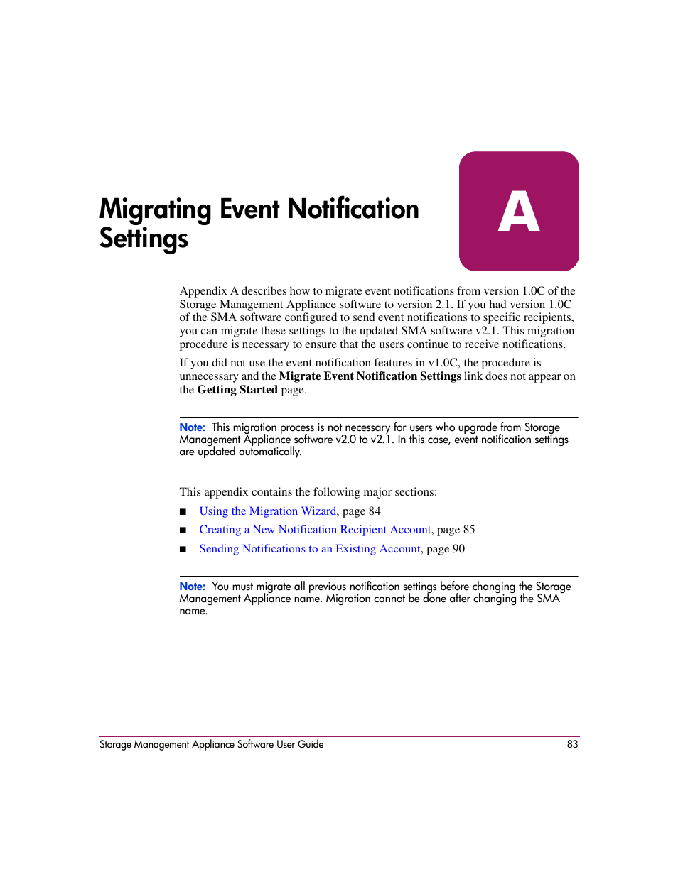 A migrating event notification settings, Appendix a, Migrating event notification settings | Migrating event notification, Settings | HP OpenView Storage Management Appliance and Software User Manual | Page 99 / 132
