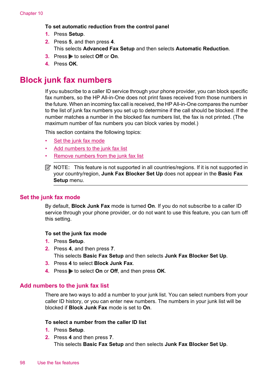 Block junk fax numbers, Set the junk fax mode, Add numbers to the junk fax list | HP Officejet J5740 All-in-One Printer User Manual | Page 100 / 286
