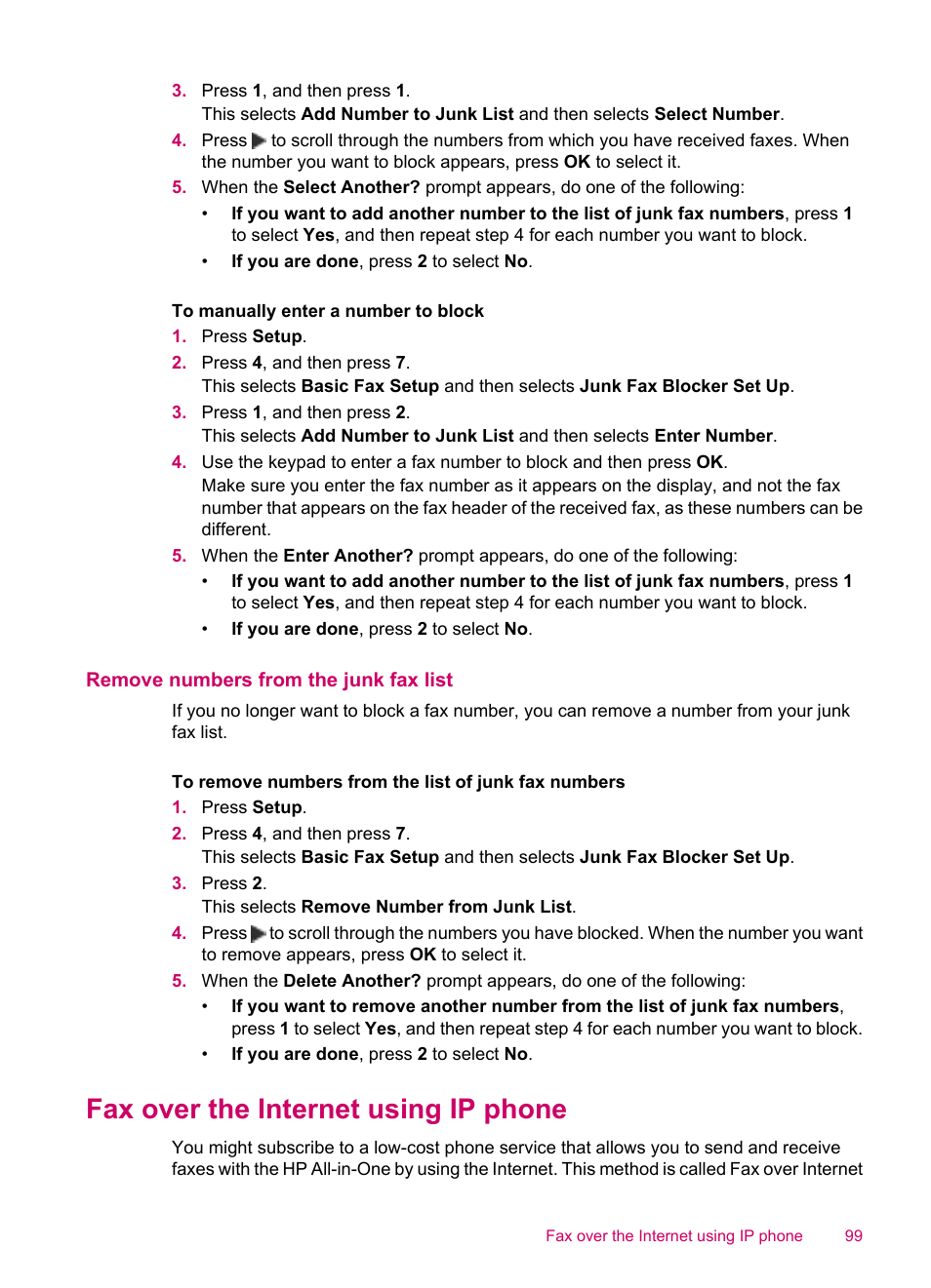 Remove numbers from the junk fax list, Fax over the internet using ip phone | HP Officejet J5740 All-in-One Printer User Manual | Page 101 / 286