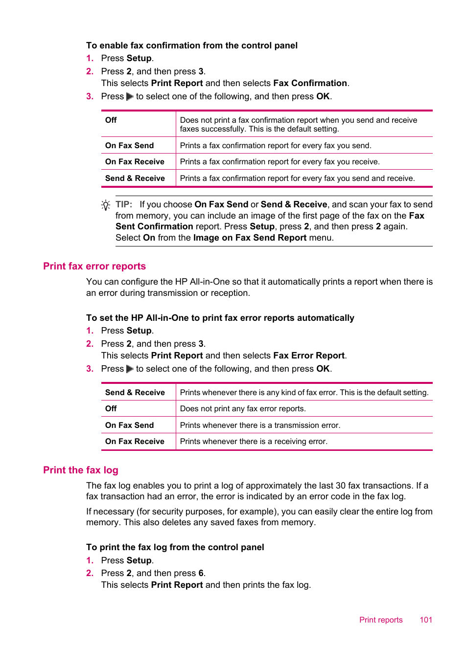 Print fax error reports, Print the fax log | HP Officejet J5740 All-in-One Printer User Manual | Page 103 / 286