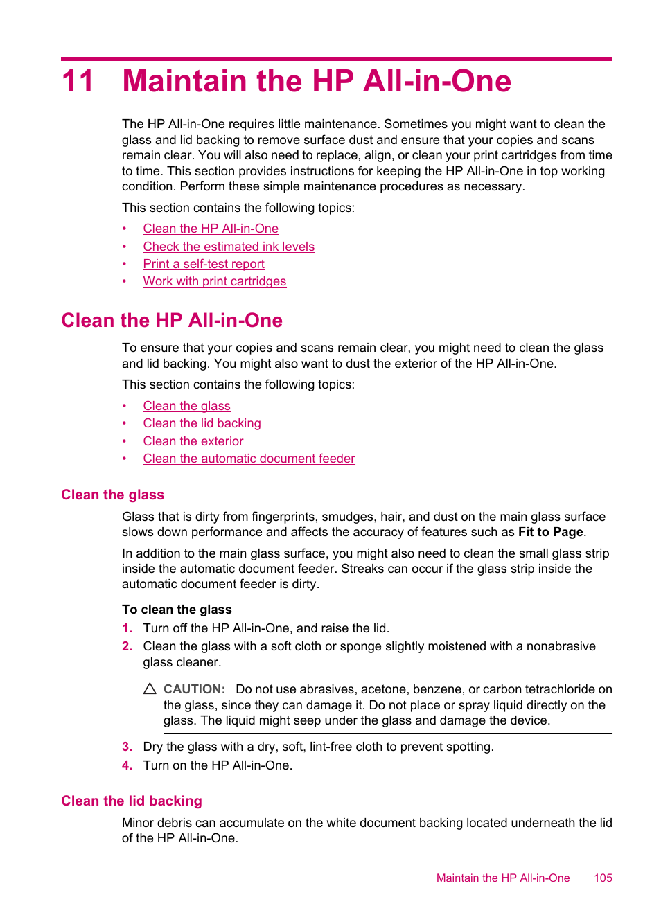Maintain the hp all-in-one, Clean the hp all-in-one, Clean the glass | Clean the lid backing, 11 maintain the hp all-in-one | HP Officejet J5740 All-in-One Printer User Manual | Page 107 / 286