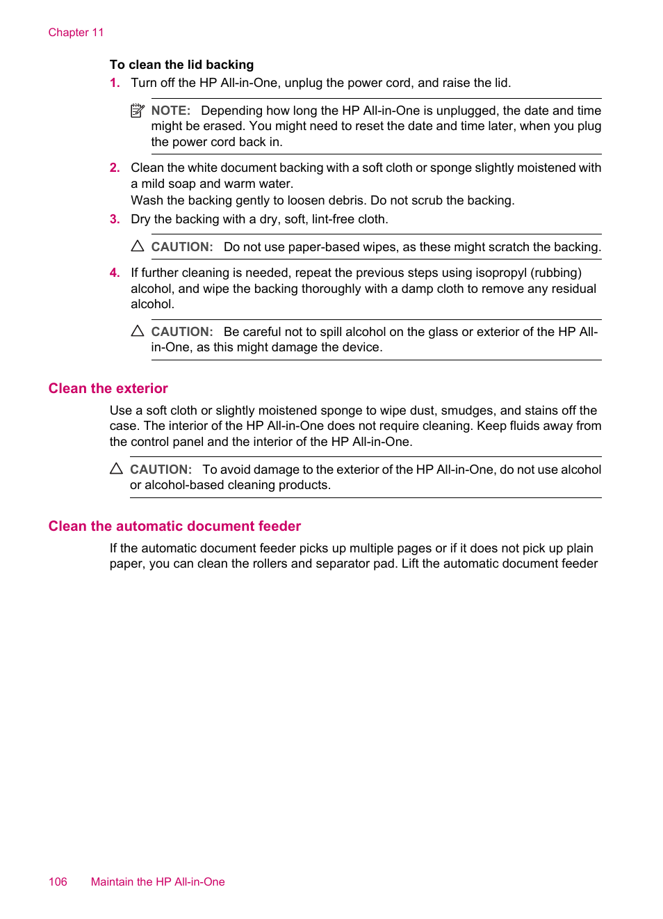 Clean the exterior, Clean the automatic document feeder | HP Officejet J5740 All-in-One Printer User Manual | Page 108 / 286