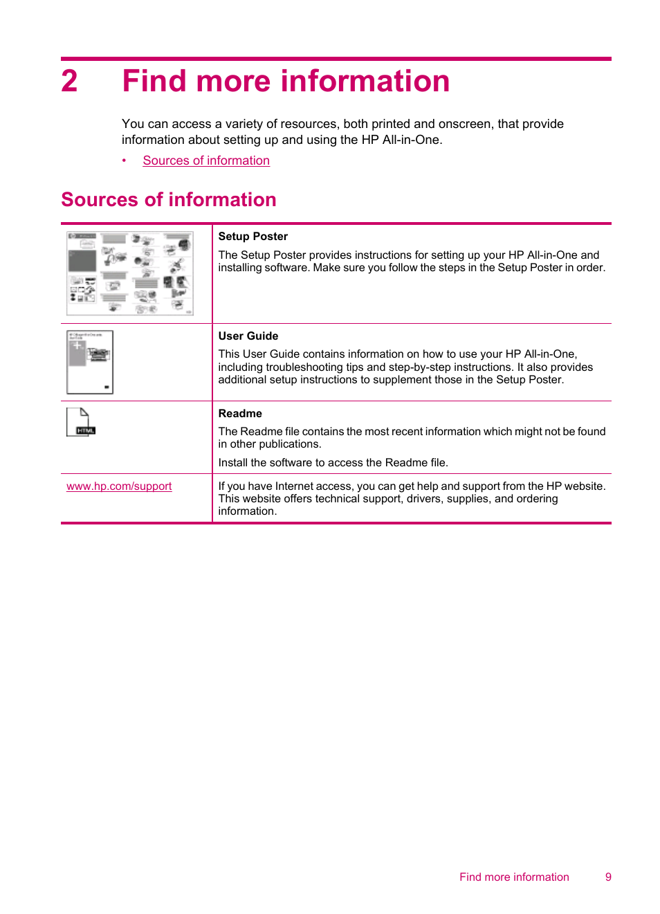 Find more information, Sources of information, 2 find more information | 2find more information | HP Officejet J5740 All-in-One Printer User Manual | Page 11 / 286