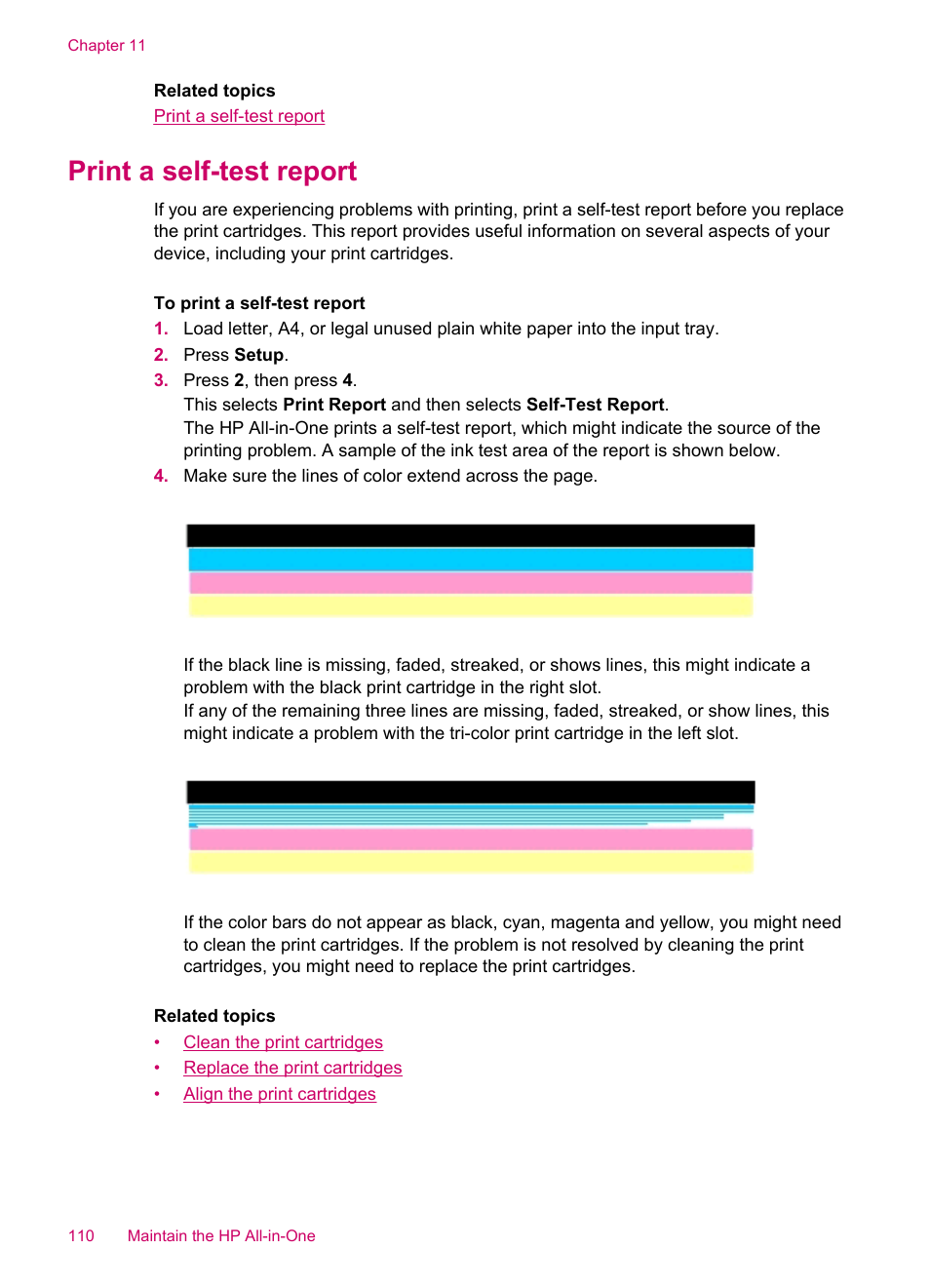 Print a self-test report | HP Officejet J5740 All-in-One Printer User Manual | Page 112 / 286
