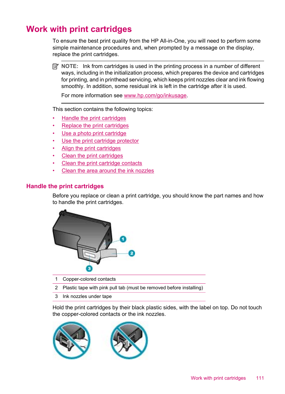 Work with print cartridges, Handle the print cartridges | HP Officejet J5740 All-in-One Printer User Manual | Page 113 / 286