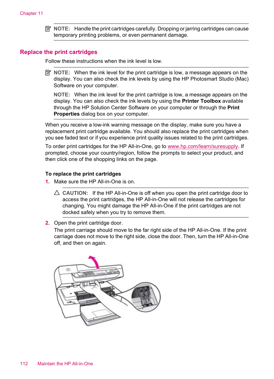 Replace the print cartridges | HP Officejet J5740 All-in-One Printer User Manual | Page 114 / 286