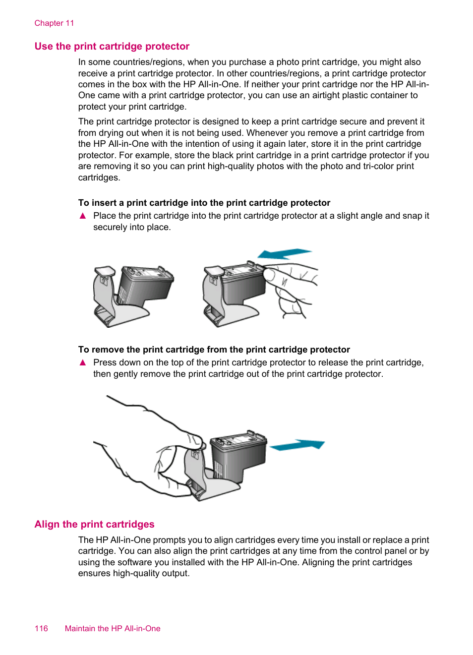 Use the print cartridge protector, Align the print cartridges | HP Officejet J5740 All-in-One Printer User Manual | Page 118 / 286