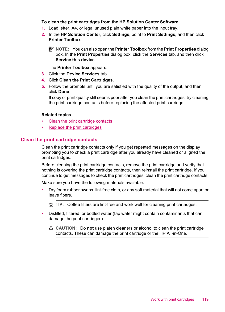Clean the print cartridge contacts | HP Officejet J5740 All-in-One Printer User Manual | Page 121 / 286