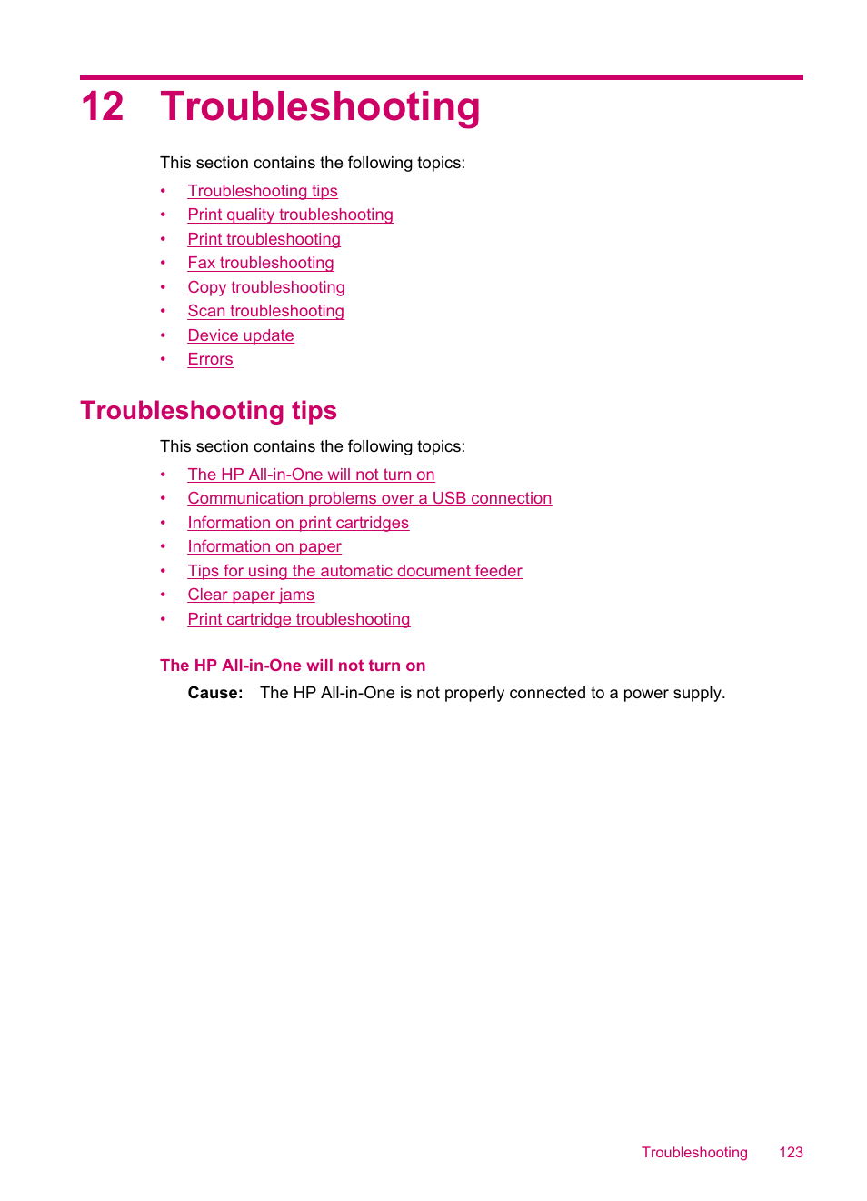 Troubleshooting, Troubleshooting tips, 12 troubleshooting | HP Officejet J5740 All-in-One Printer User Manual | Page 125 / 286