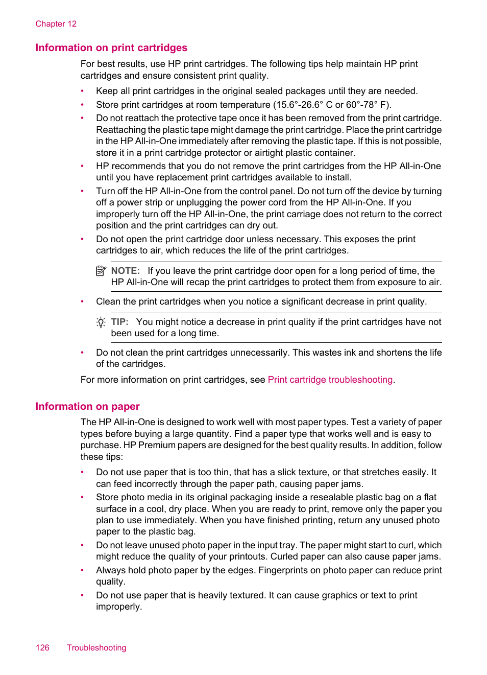 Information on print cartridges, Information on paper | HP Officejet J5740 All-in-One Printer User Manual | Page 128 / 286