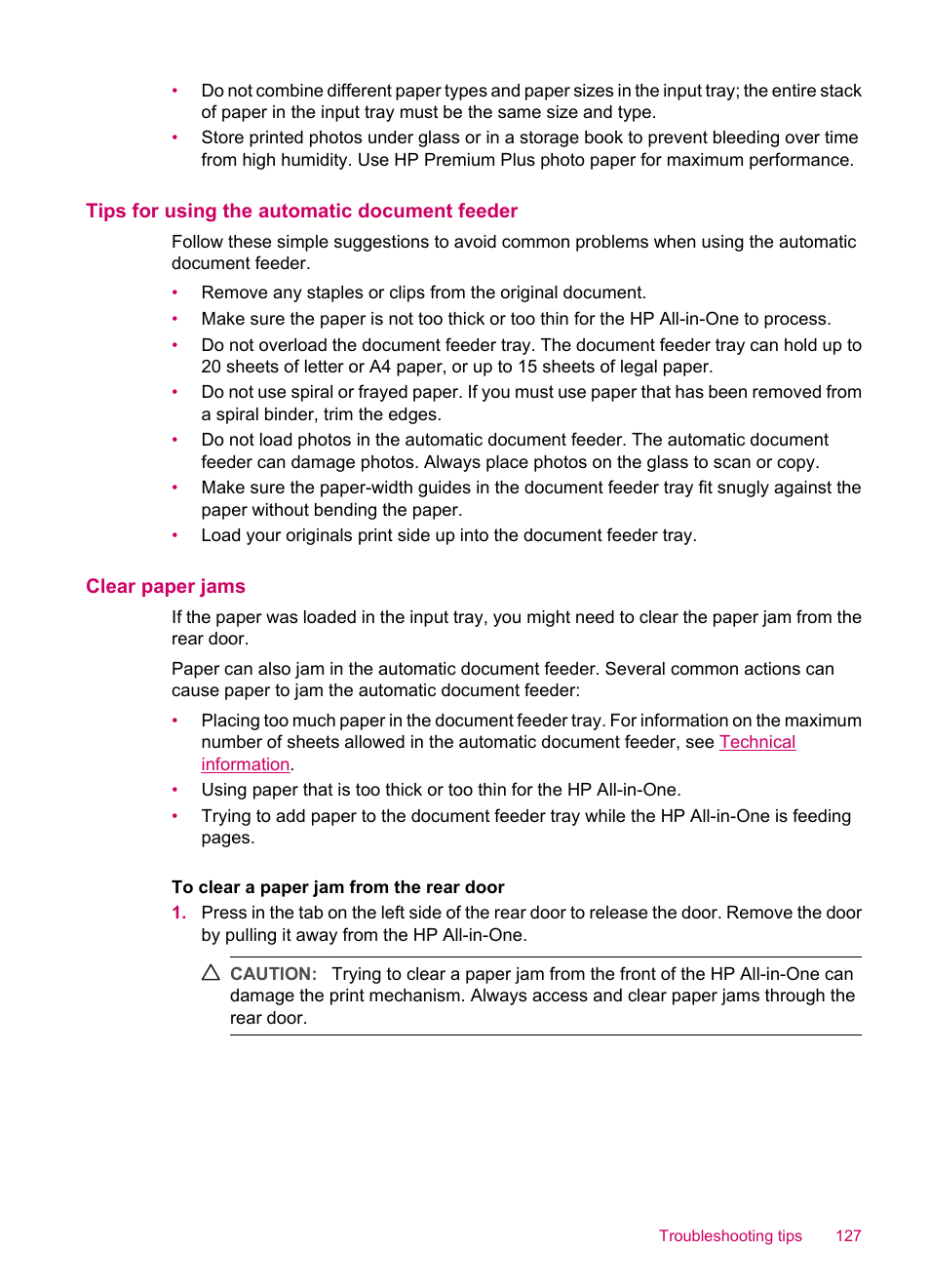 Tips for using the automatic document feeder, Clear paper jams | HP Officejet J5740 All-in-One Printer User Manual | Page 129 / 286