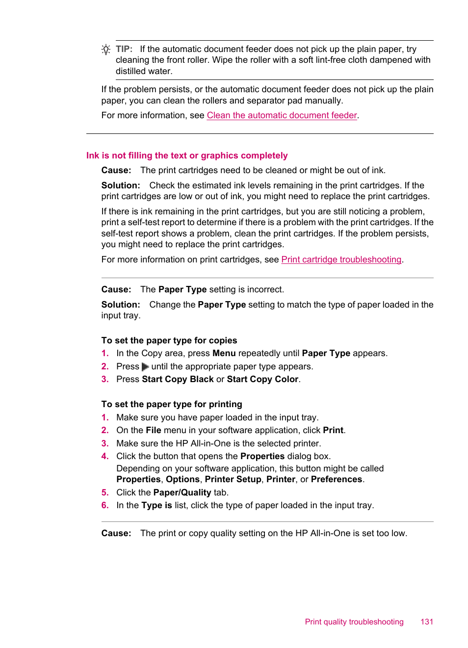 Ink is not filling the text or graphics completely | HP Officejet J5740 All-in-One Printer User Manual | Page 133 / 286