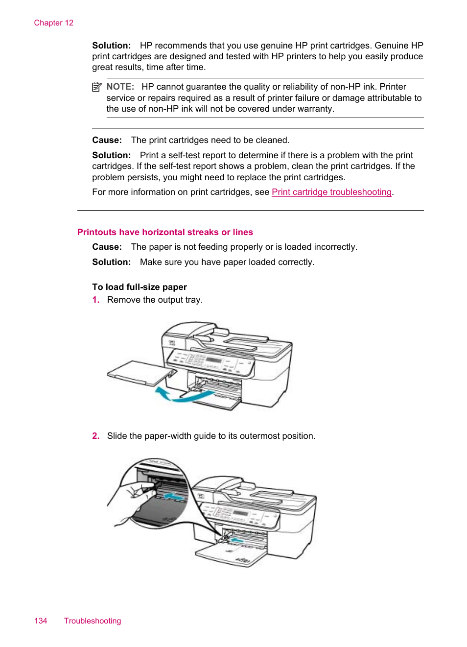 Printouts have horizontal streaks or lines | HP Officejet J5740 All-in-One Printer User Manual | Page 136 / 286