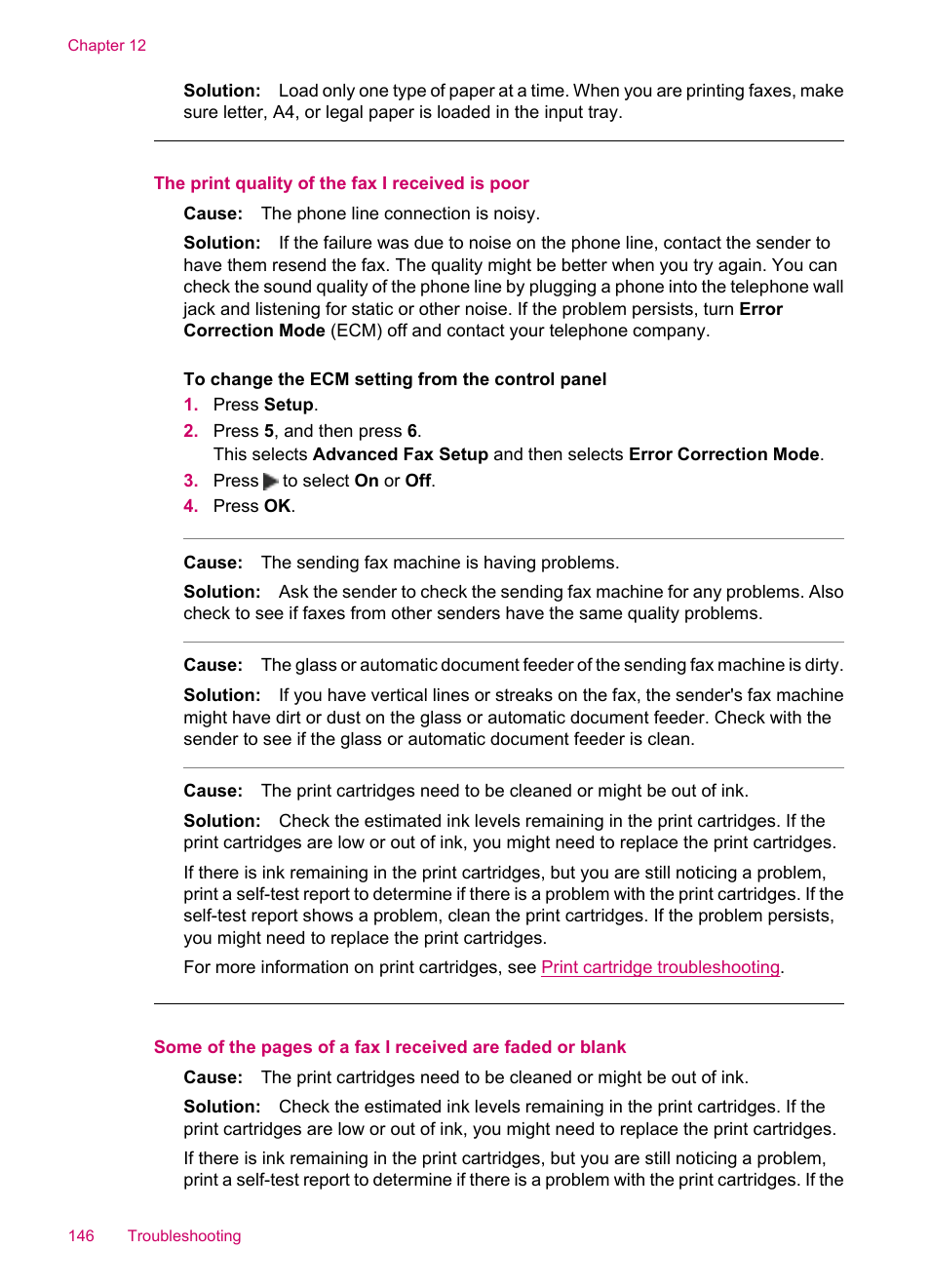 The print quality of the fax i received is poor | HP Officejet J5740 All-in-One Printer User Manual | Page 148 / 286