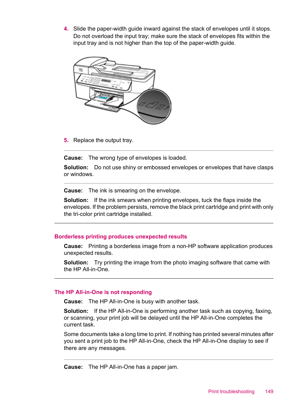 Borderless printing produces unexpected results, The hp all-in-one is not responding | HP Officejet J5740 All-in-One Printer User Manual | Page 151 / 286