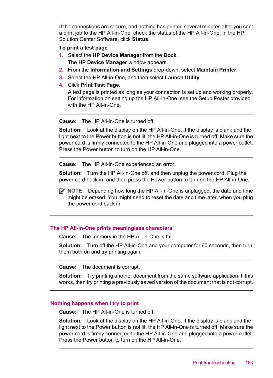 The hp all-in-one prints meaningless characters, Nothing happens when i try to print | HP Officejet J5740 All-in-One Printer User Manual | Page 155 / 286