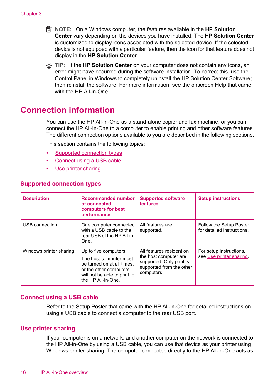 Connection information, Supported connection types, Connect using a usb cable | Use printer sharing | HP Officejet J5740 All-in-One Printer User Manual | Page 18 / 286