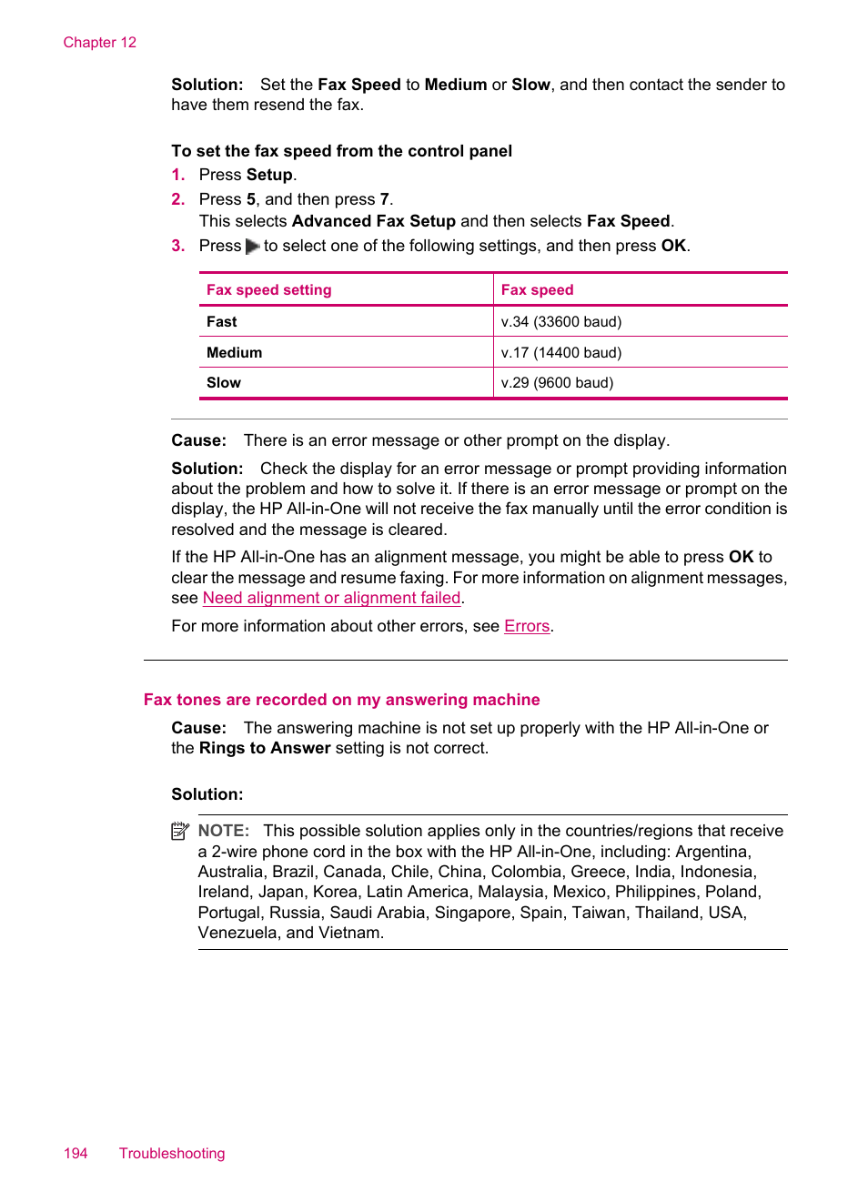 Fax tones are recorded on my answering machine | HP Officejet J5740 All-in-One Printer User Manual | Page 196 / 286
