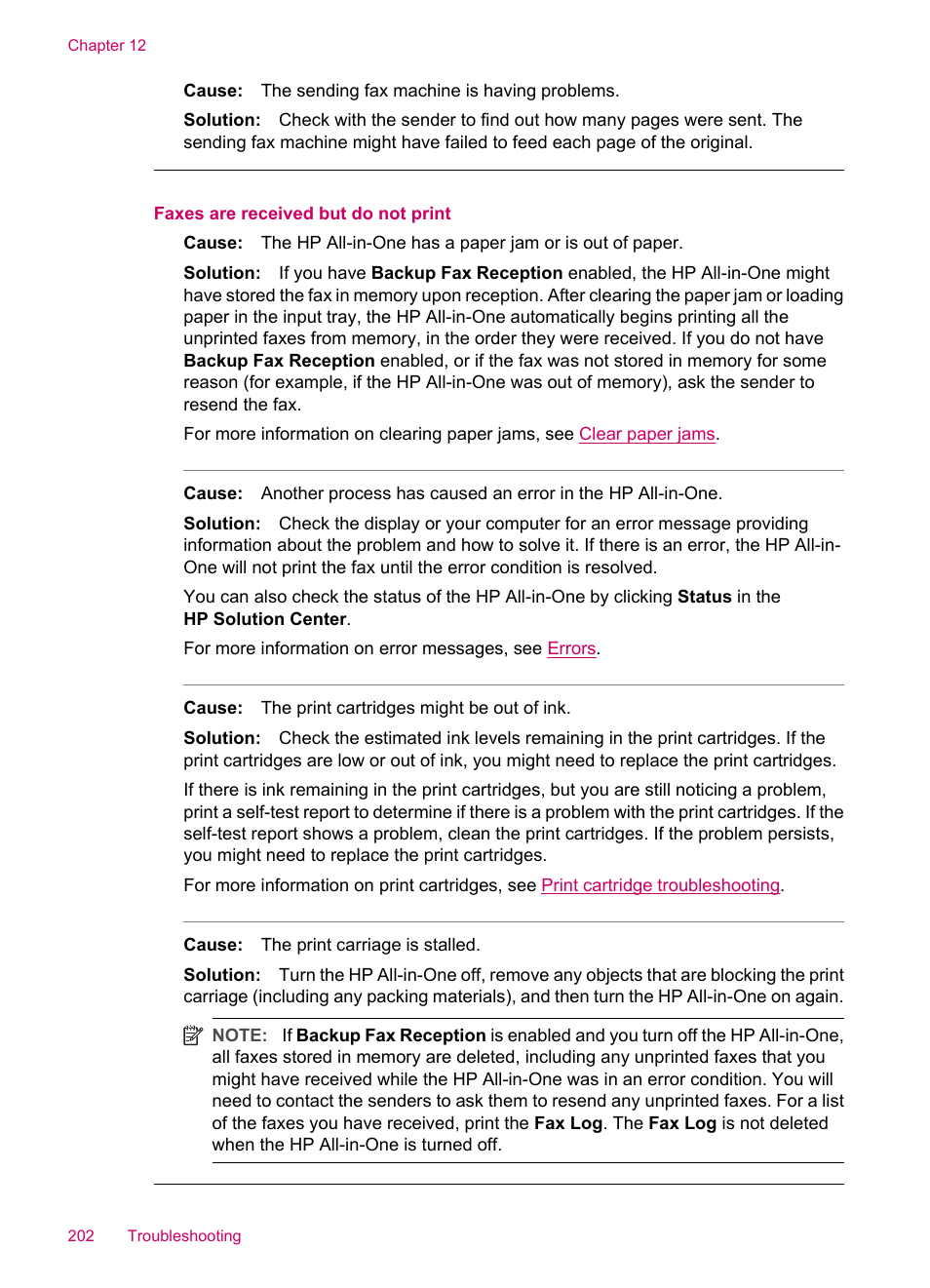 Faxes are received but do not print | HP Officejet J5740 All-in-One Printer User Manual | Page 204 / 286