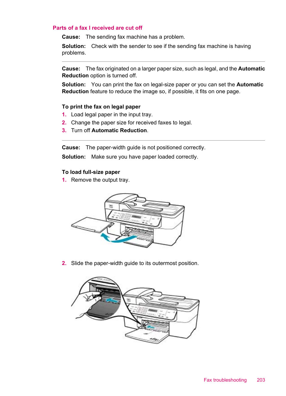 Parts of a fax i received are cut off | HP Officejet J5740 All-in-One Printer User Manual | Page 205 / 286