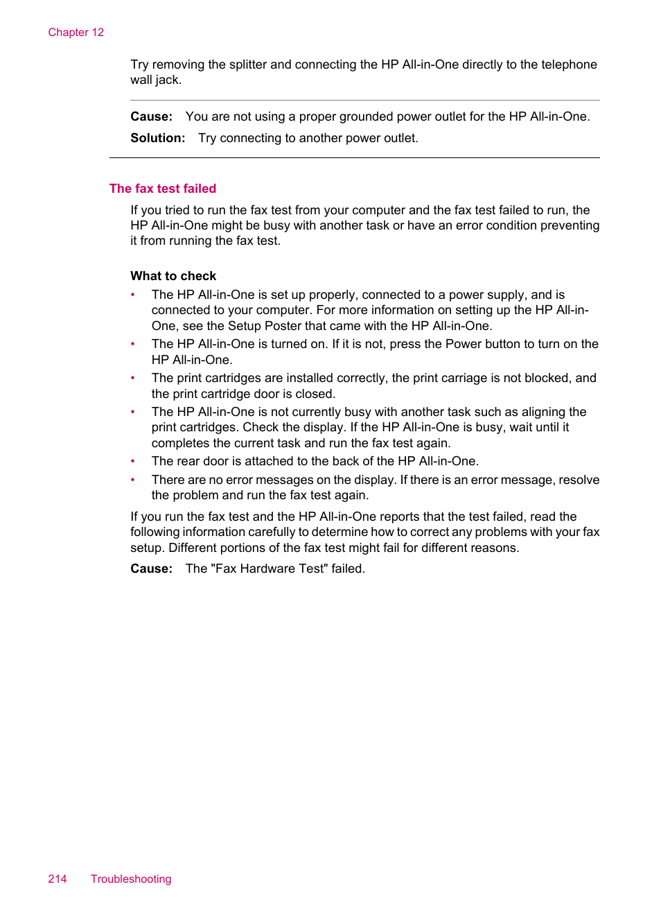 The fax test failed | HP Officejet J5740 All-in-One Printer User Manual | Page 216 / 286