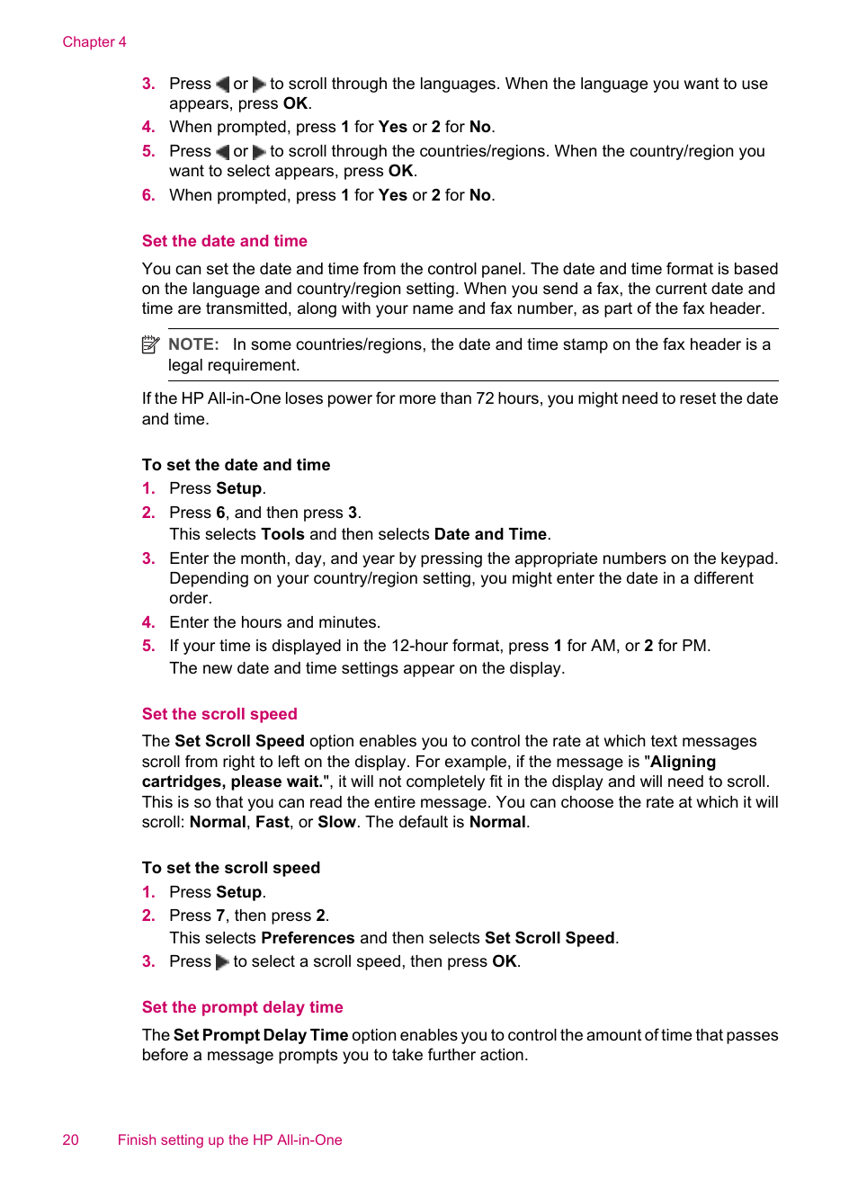 Set the date and time, Set the scroll speed, Set the prompt delay time | HP Officejet J5740 All-in-One Printer User Manual | Page 22 / 286