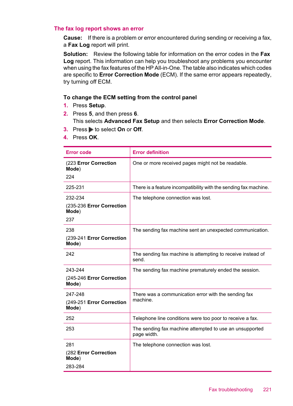 The fax log report shows an error | HP Officejet J5740 All-in-One Printer User Manual | Page 223 / 286