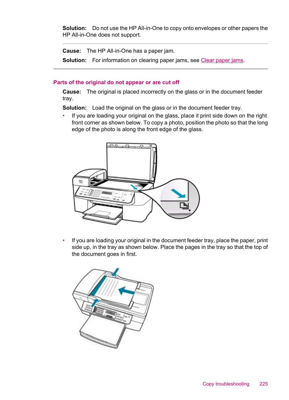 Parts of the original do not appear or are cut off | HP Officejet J5740 All-in-One Printer User Manual | Page 227 / 286
