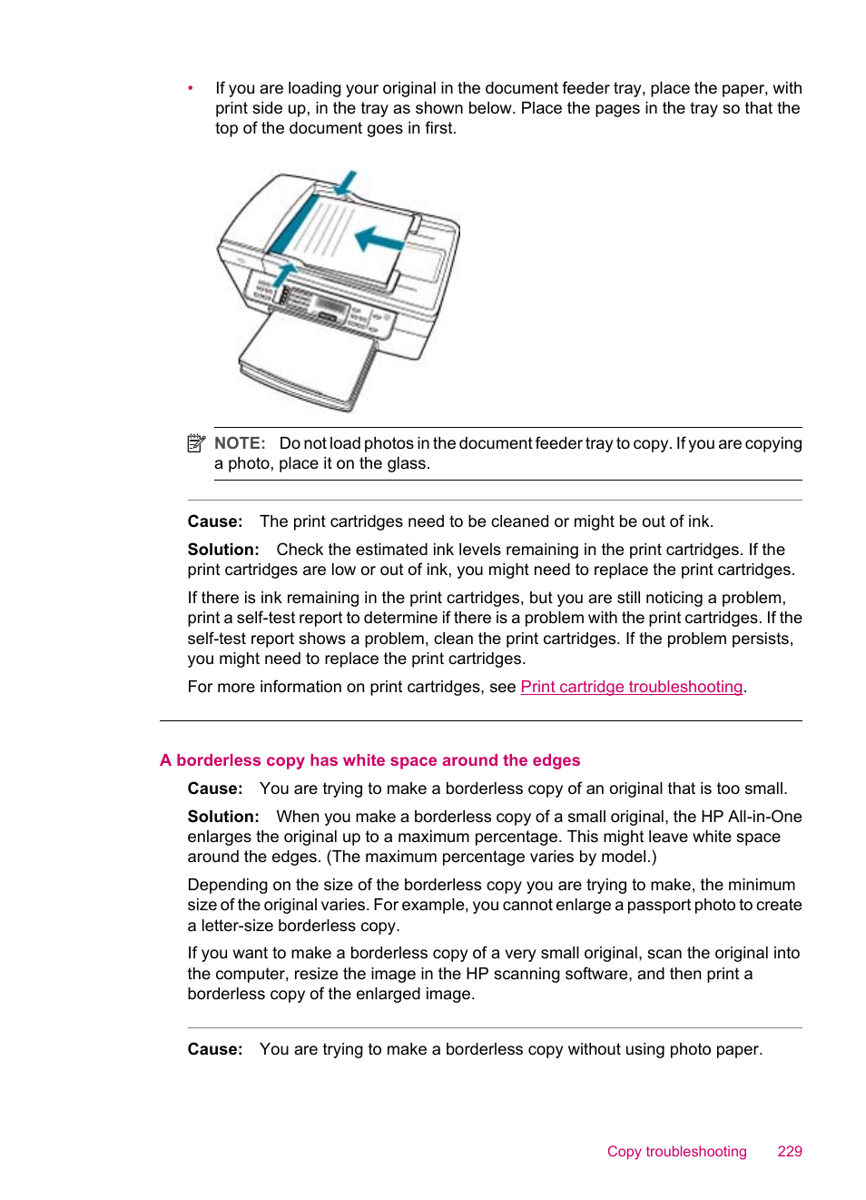 A borderless copy has white space around the edges | HP Officejet J5740 All-in-One Printer User Manual | Page 231 / 286