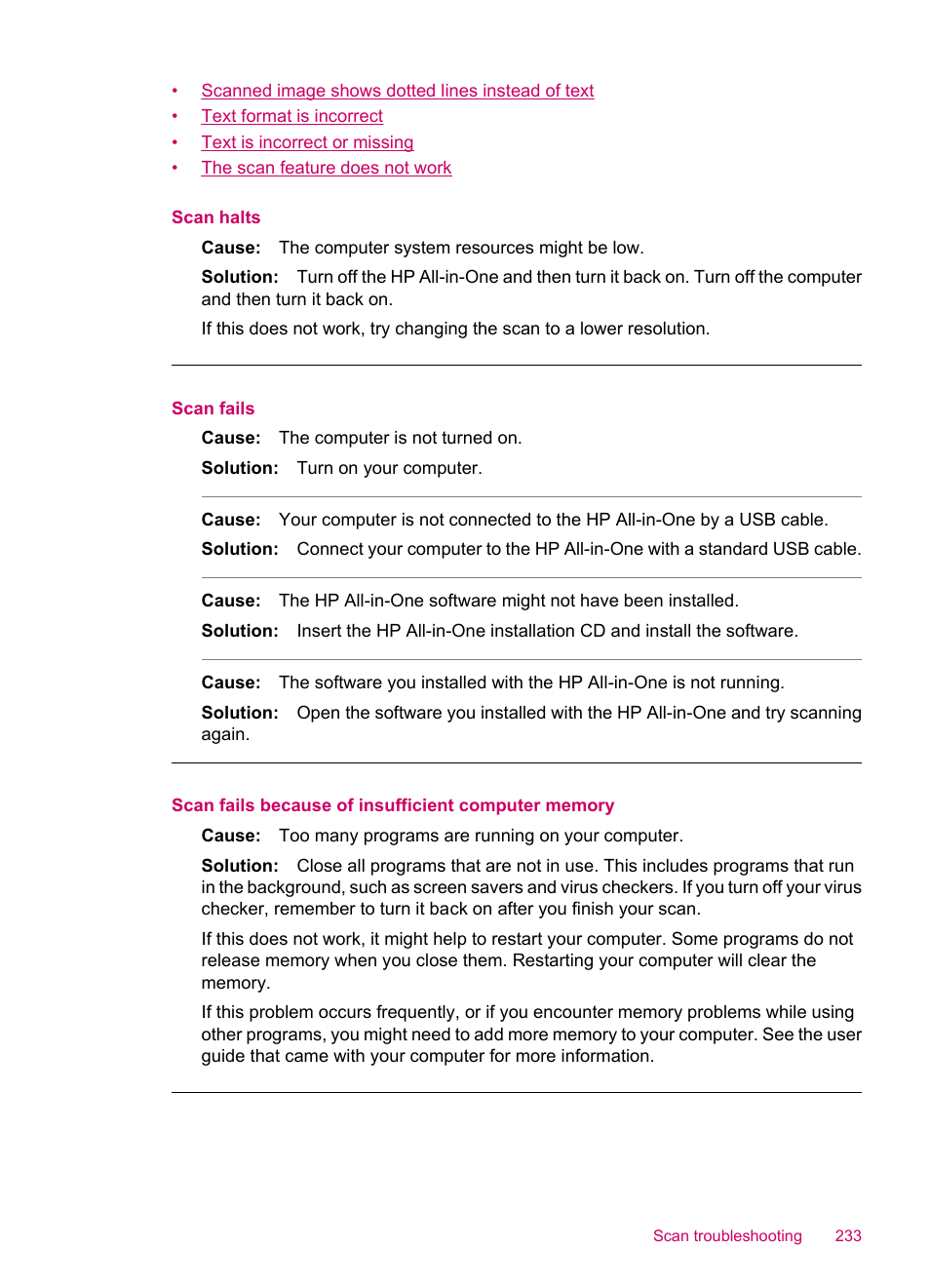 Scan halts, Scan fails, Scan fails because of insufficient computer memory | HP Officejet J5740 All-in-One Printer User Manual | Page 235 / 286