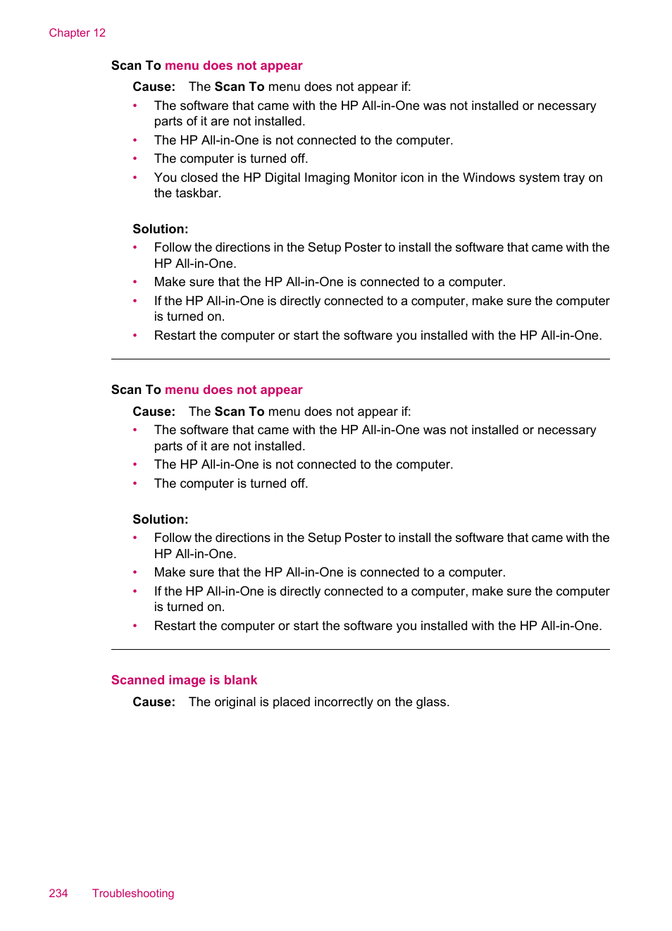 Scan to menu does not appear, Scanned image is blank | HP Officejet J5740 All-in-One Printer User Manual | Page 236 / 286
