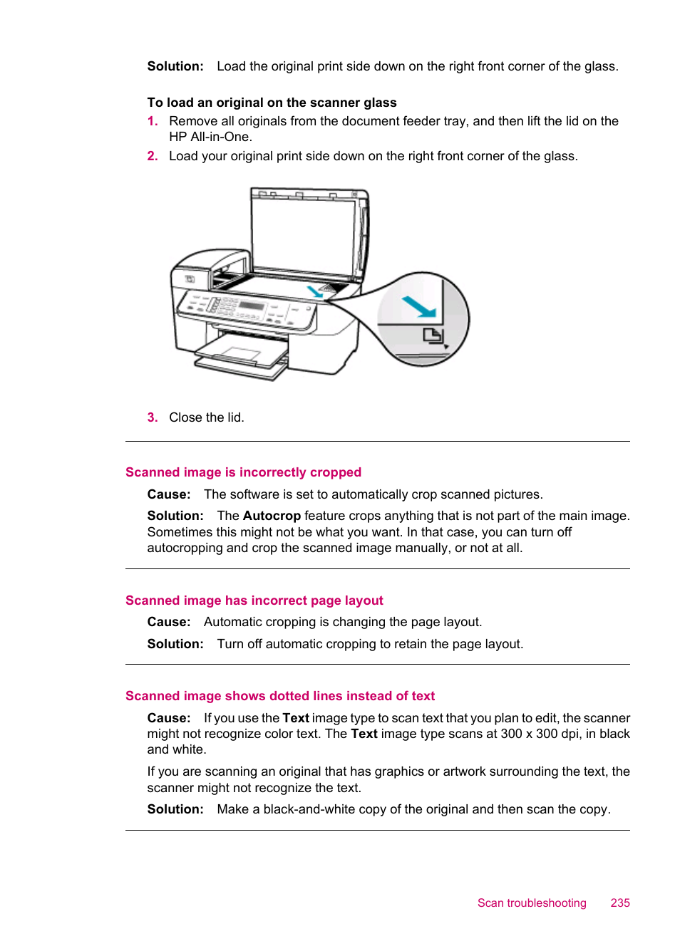 Scanned image is incorrectly cropped, Scanned image shows dotted lines instead of text | HP Officejet J5740 All-in-One Printer User Manual | Page 237 / 286