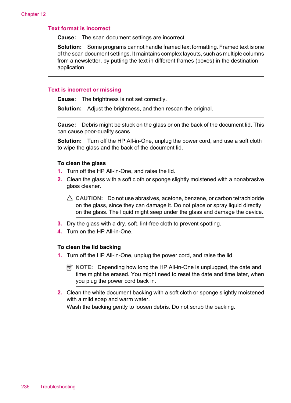 Text format is incorrect, Text is incorrect or missing | HP Officejet J5740 All-in-One Printer User Manual | Page 238 / 286