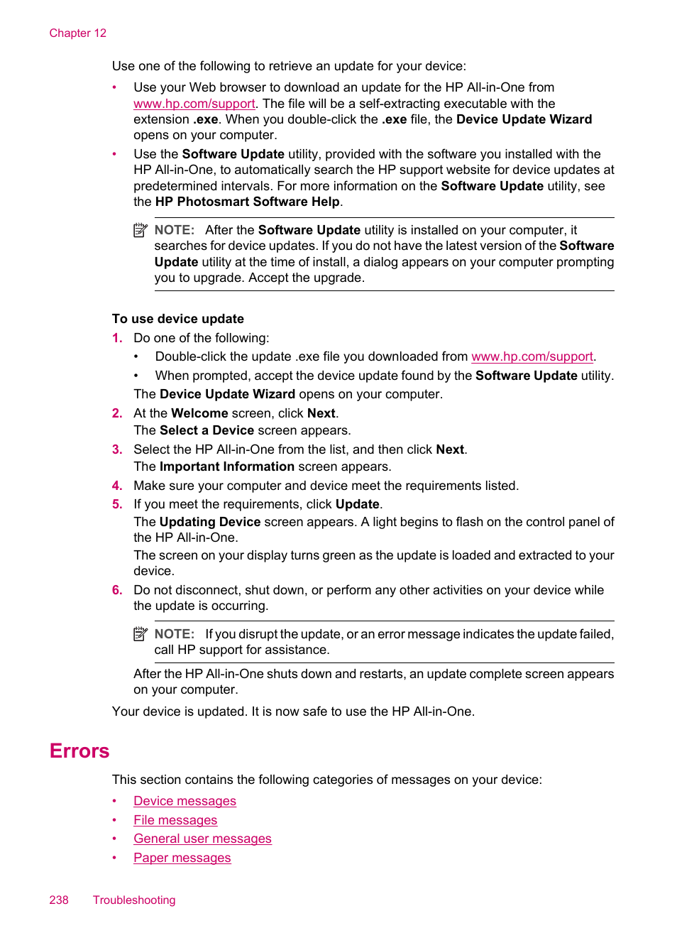 Errors, Device messages file messages, Supported file types for the hp all-in-one | Out other errors, see, Ssages, see | HP Officejet J5740 All-in-One Printer User Manual | Page 240 / 286
