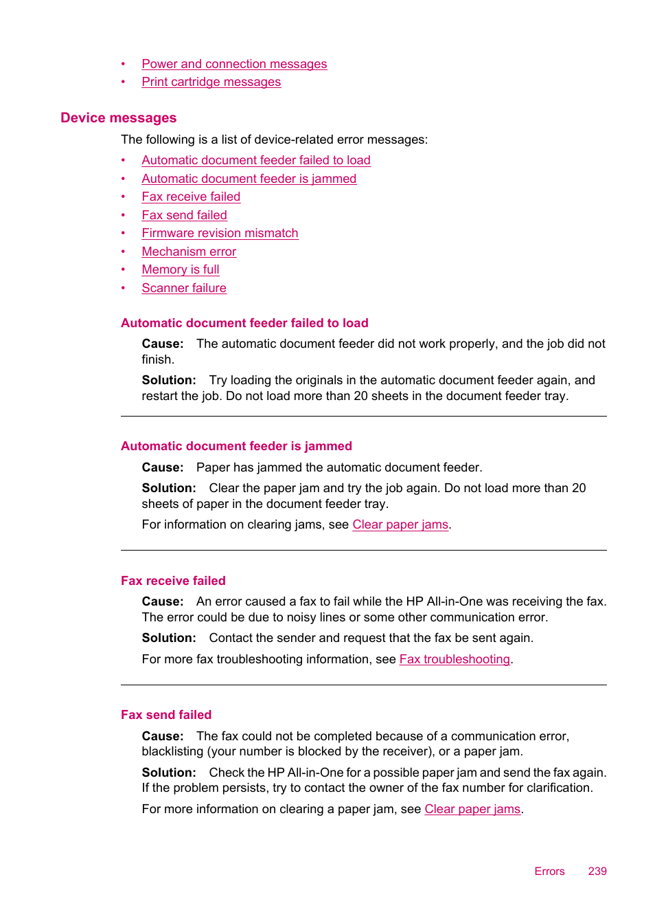 Device messages | HP Officejet J5740 All-in-One Printer User Manual | Page 241 / 286