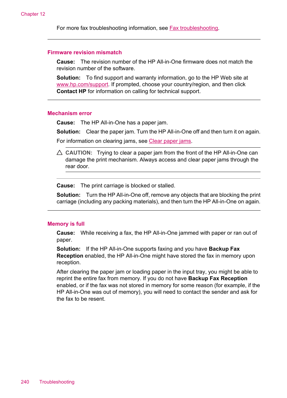 Firmware revision mismatch, Mechanism error, Memory is full | HP Officejet J5740 All-in-One Printer User Manual | Page 242 / 286