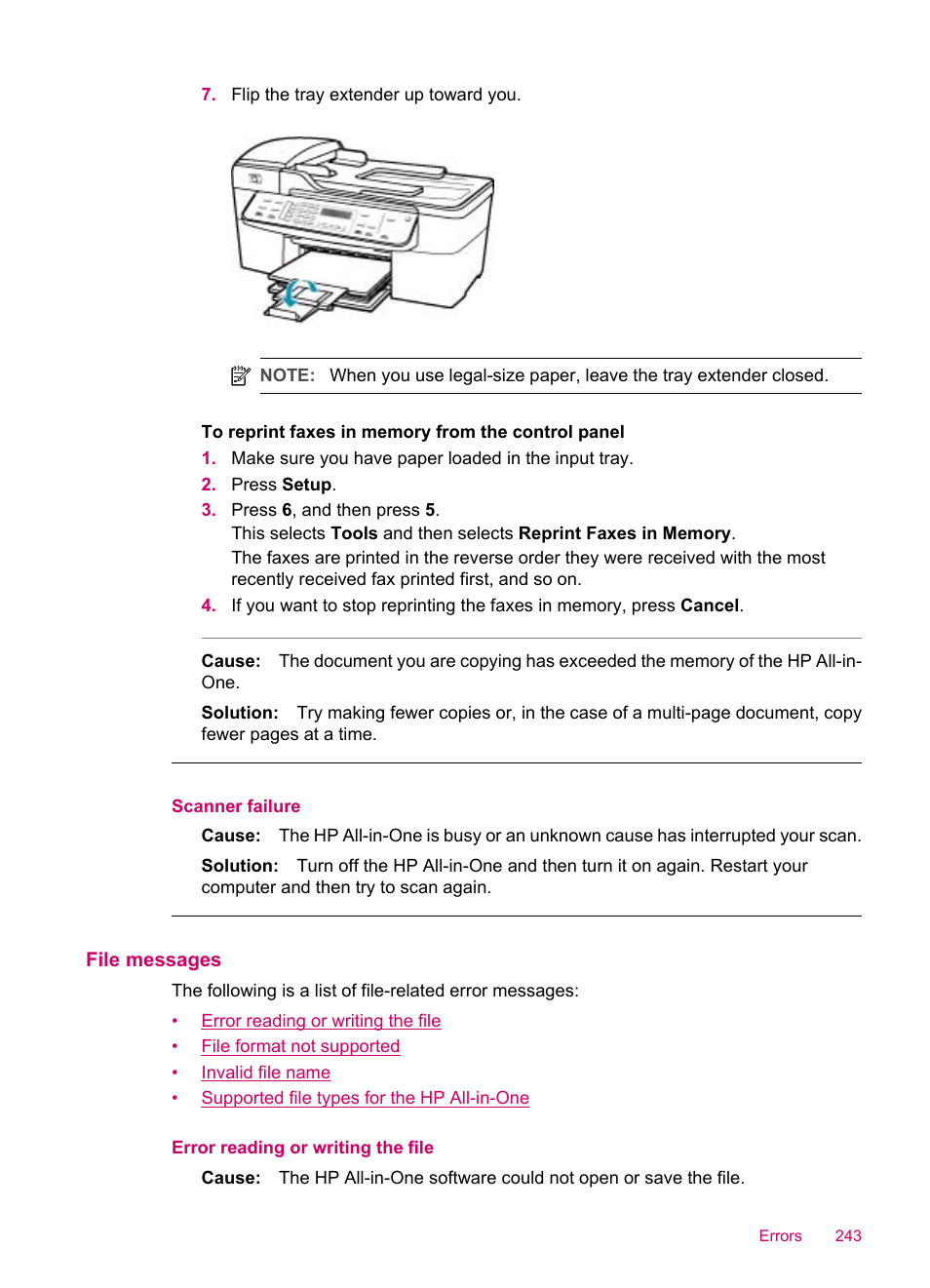 File messages, Scanner failure | HP Officejet J5740 All-in-One Printer User Manual | Page 245 / 286