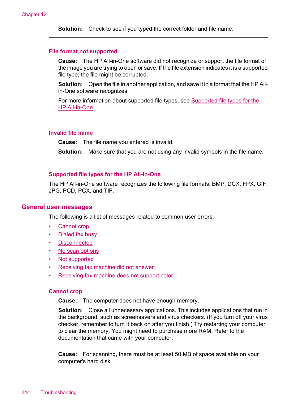 Supported file types for the hp all-in-one, General user messages, File format not supported | Invalid file name | HP Officejet J5740 All-in-One Printer User Manual | Page 246 / 286