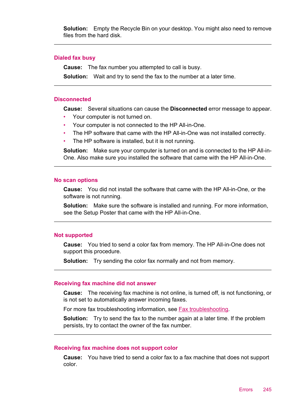 Dialed fax busy, Disconnected, No scan options | Not supported, Receiving fax machine did not answer, Receiving fax machine does not support color | HP Officejet J5740 All-in-One Printer User Manual | Page 247 / 286