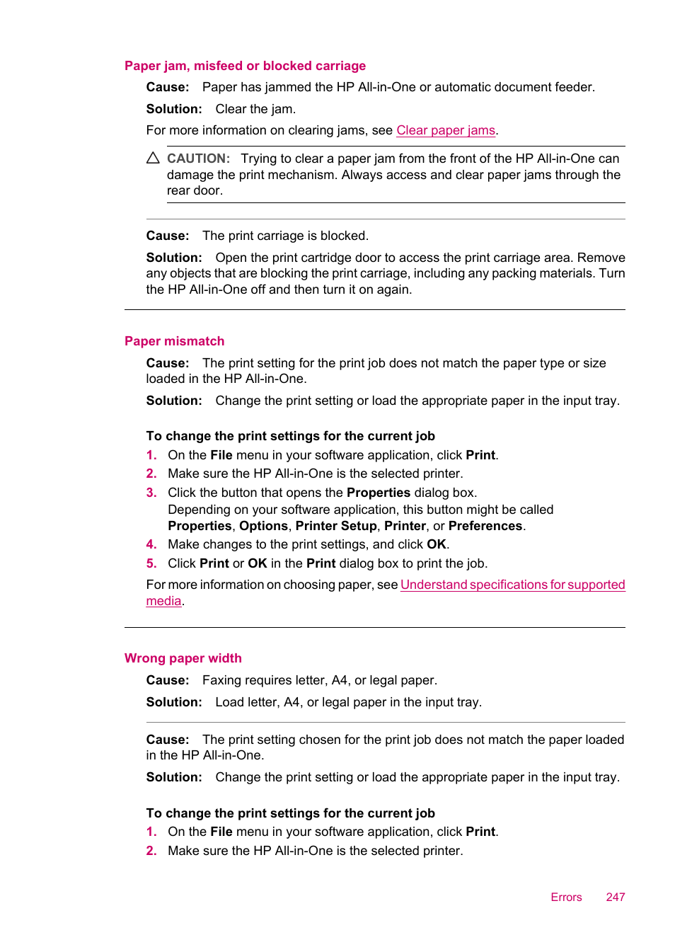 Paper jam, misfeed or blocked carriage, Paper mismatch, Wrong paper width | HP Officejet J5740 All-in-One Printer User Manual | Page 249 / 286