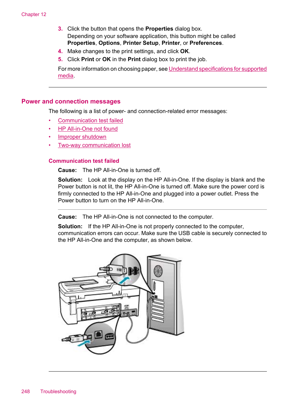 Power and connection messages | HP Officejet J5740 All-in-One Printer User Manual | Page 250 / 286