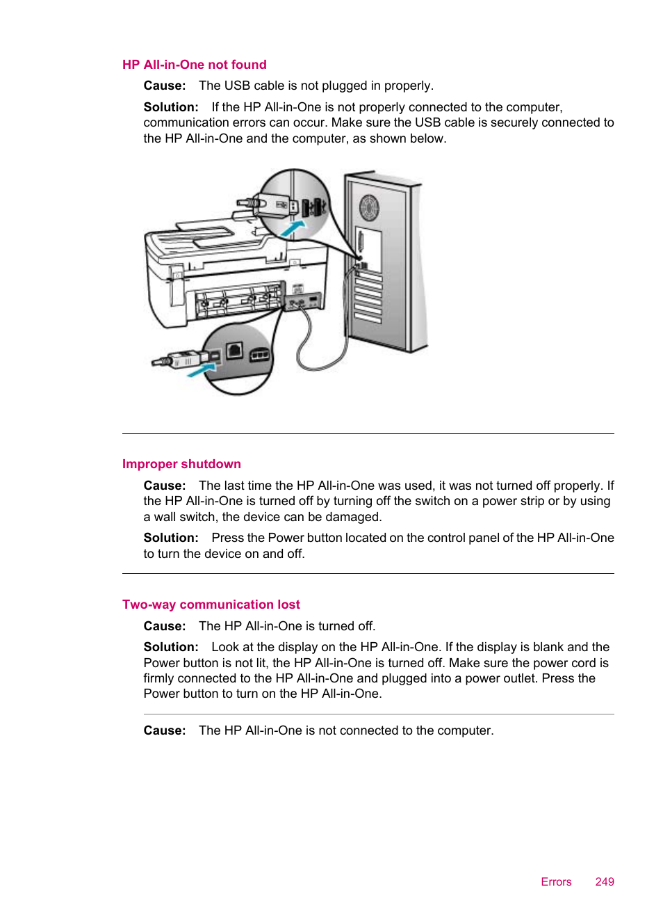 Hp all-in-one not found, Improper shutdown, Two-way communication lost | HP Officejet J5740 All-in-One Printer User Manual | Page 251 / 286