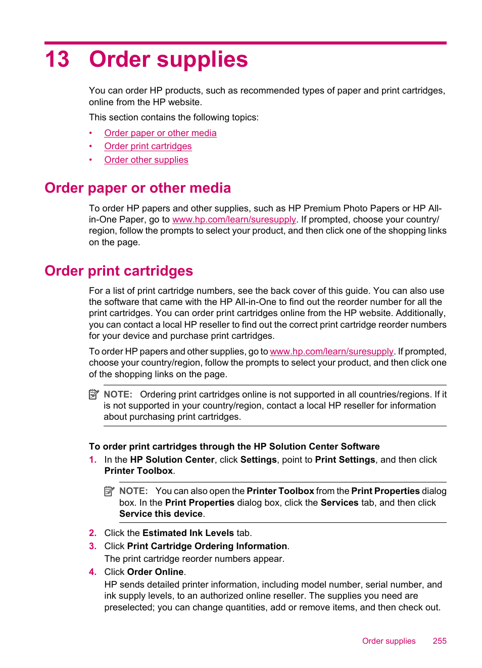 Order supplies, Order paper or other media, Order print cartridges | 13 order supplies, Order paper or other media order print cartridges | HP Officejet J5740 All-in-One Printer User Manual | Page 257 / 286