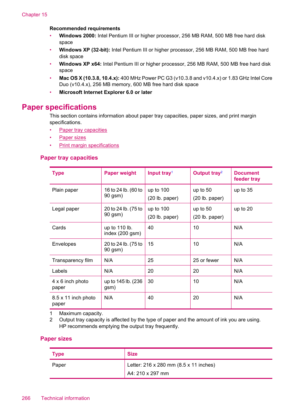 Paper specifications, Paper tray capacities, Paper sizes | HP Officejet J5740 All-in-One Printer User Manual | Page 268 / 286