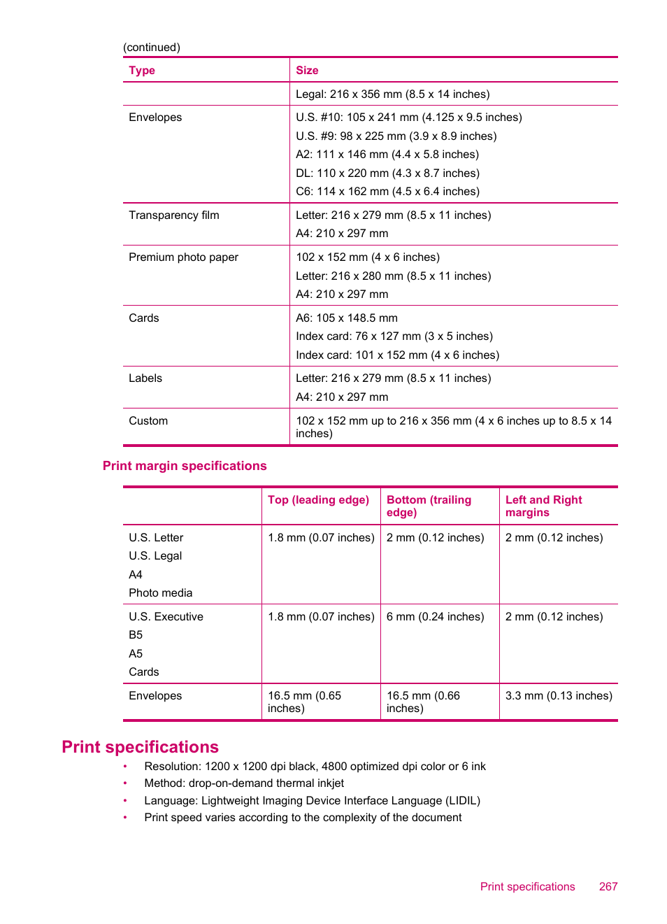Print margin specifications, Print specifications | HP Officejet J5740 All-in-One Printer User Manual | Page 269 / 286